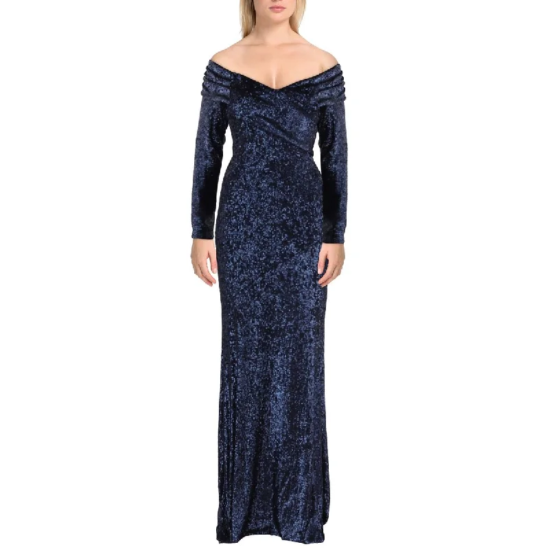 Donna Karan Womens Sequined Off-The-Shoulder Evening Dress