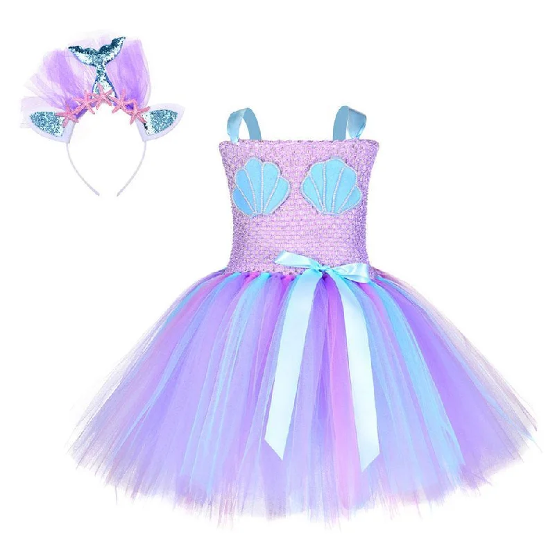 Girls Mermaid Tutu Dress Shell Pattern Halloween Dress Kids Princess Mermaid Tutu Dress Sequin Headband Set