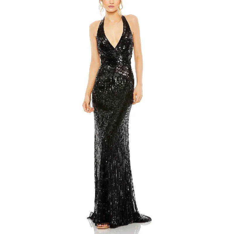 Mac Duggal Womens Sequined Halter Evening Dress