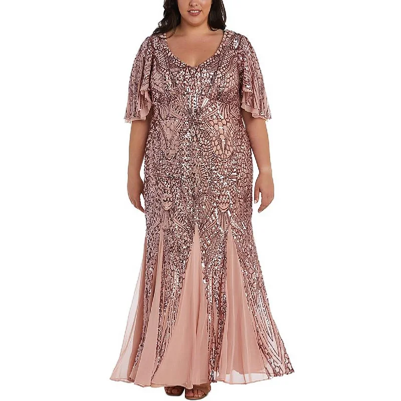 NW Nightway Womens Plus Sequin Flutter Sleeve Evening Dress