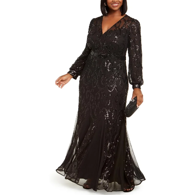 R&M Richards Womens Plus Sequined Surplice Evening Dress