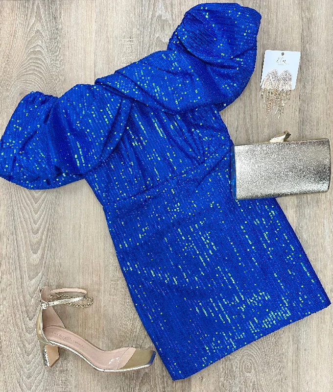 Royal Sequin Off the Shoulder Dress