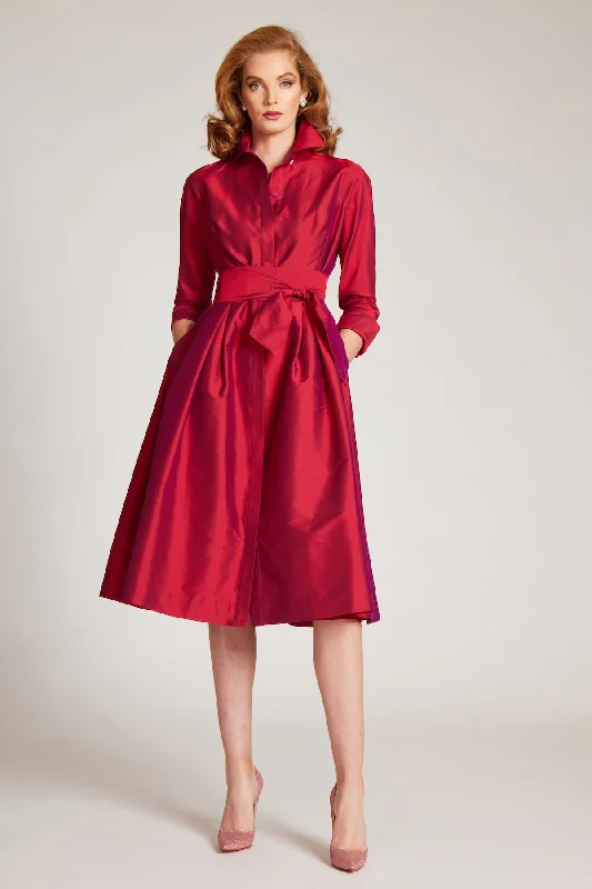 3/4 Sleeve Belted Taffeta Shirt Dress