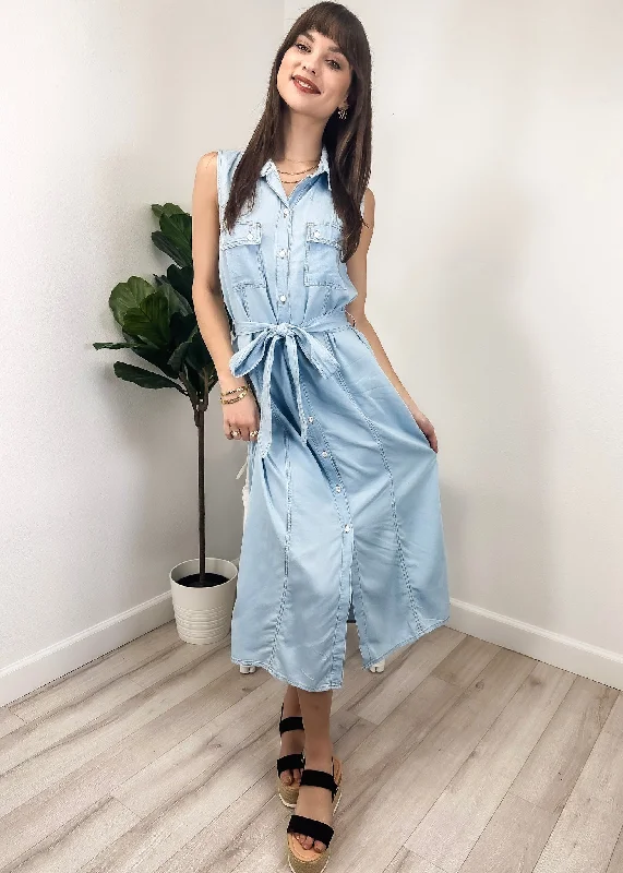 Anna-Kaci Women's Sleeveless Jean Shirt Dress Tied Waist Turn Down Collar Pocket Denim Dress by Anna-Kaci