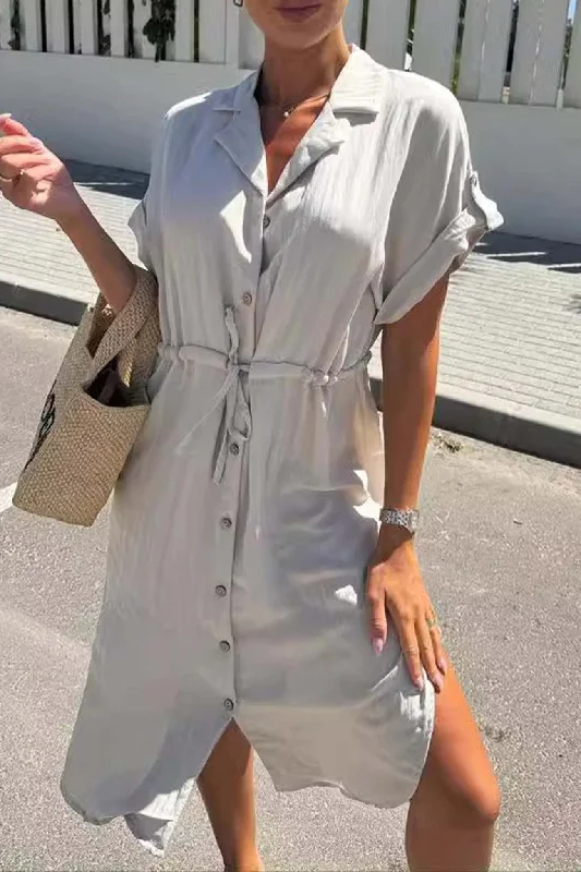 Button Down Short Sleeve Waist Tie Shirt Dress