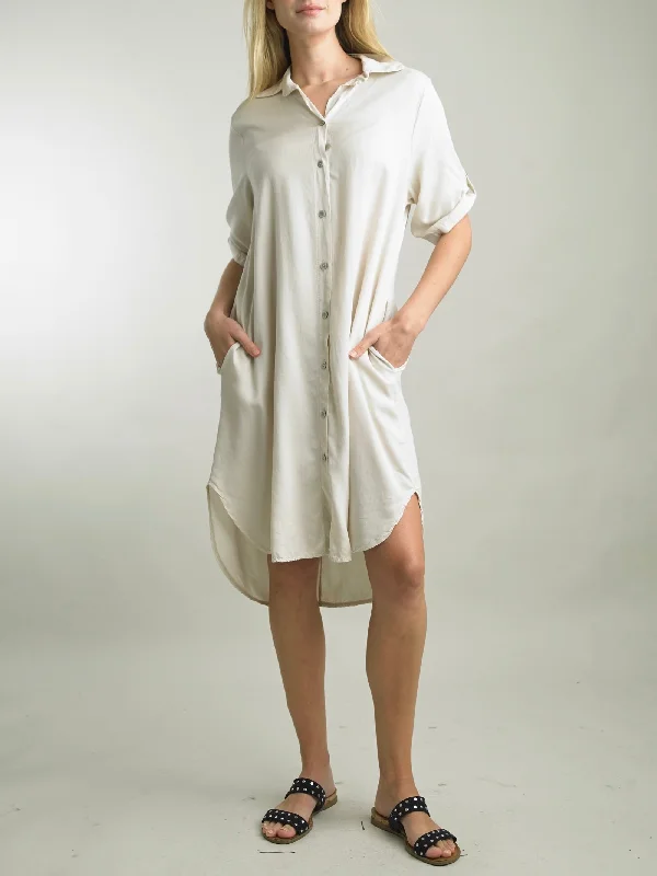 Buttondown Shirtdress with Pockets - Oyster