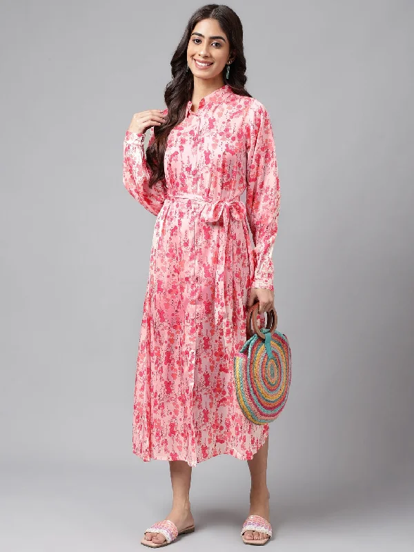 Peach Satin Printed Shirt Dress with Waist Tie-Up Belt