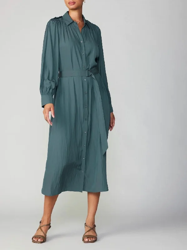 Long Shirt Dress with Tie - Fern Green