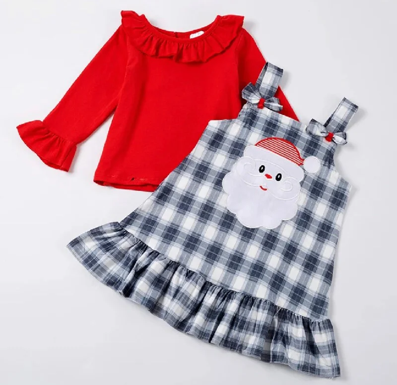 Sage Plaid Santa Dress with Ruffle Sleeve Shirt