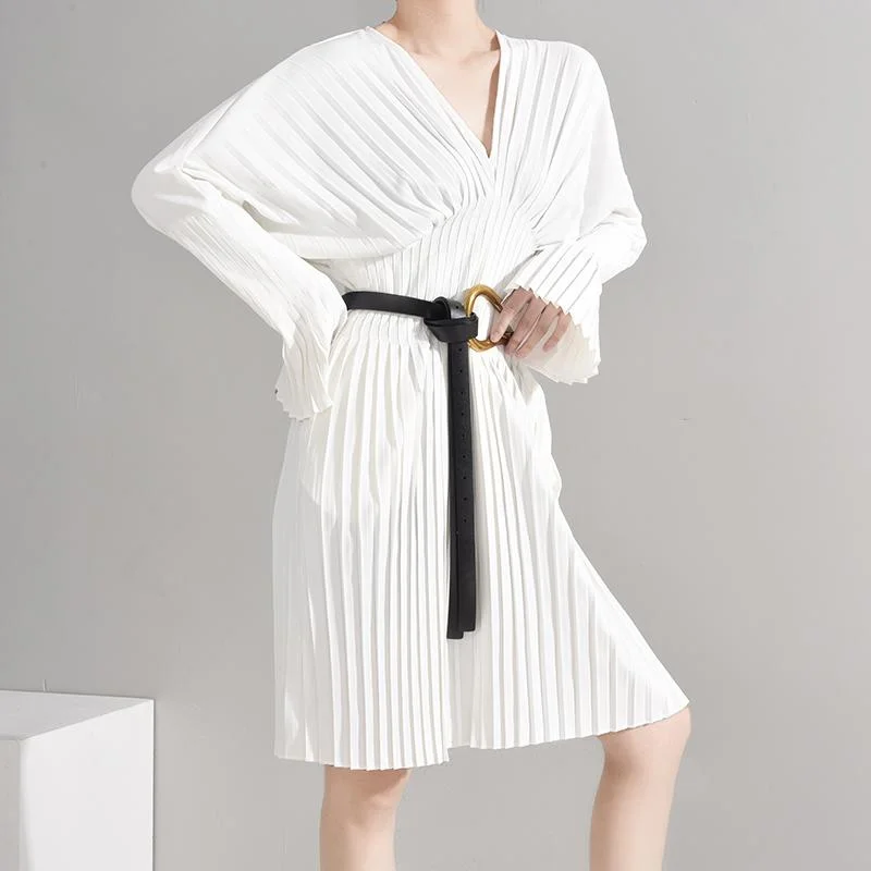 Sakiya Pleated Long Sleeve Shirt Dress - White by Marigold Shadows