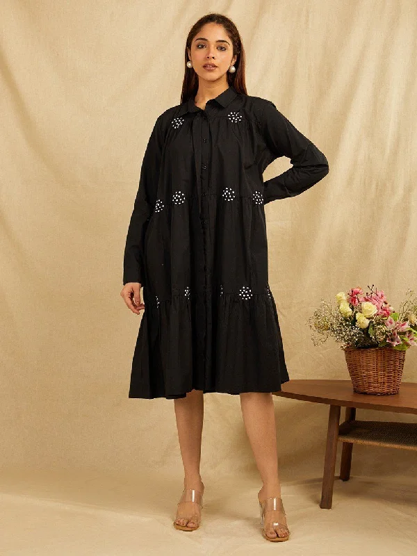 Black Cotton Embroidered Shirt With Gathers