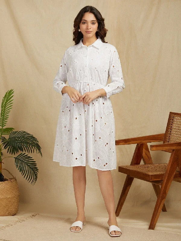 White 100% Cotton Embroidered Schiffli Shirt Dress