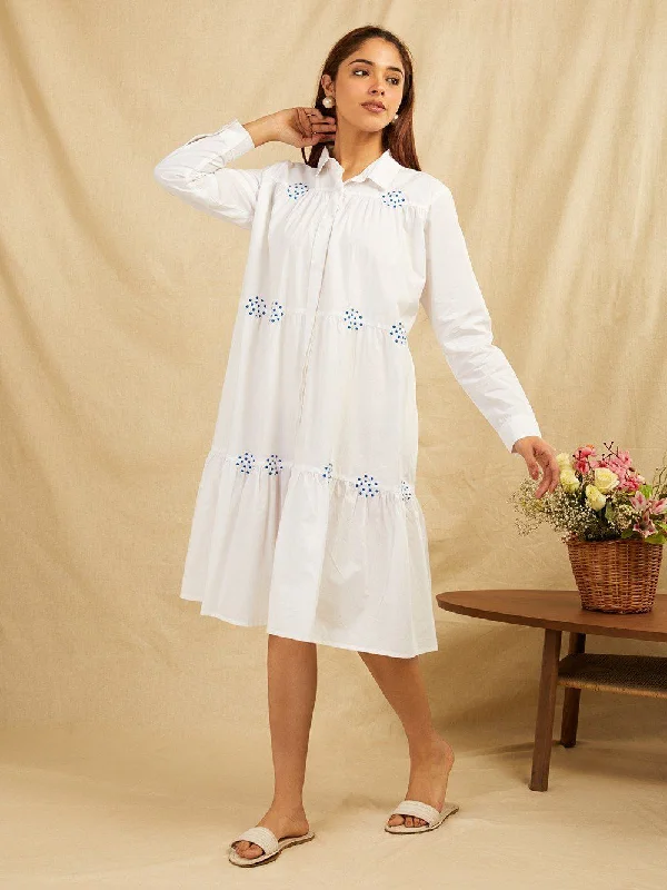 White Cotton Embroidered Shirt With Gathers