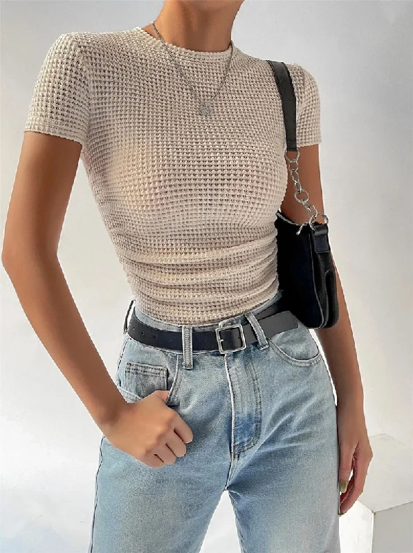 Slim Versatile Pleated Round Neck T-shirt