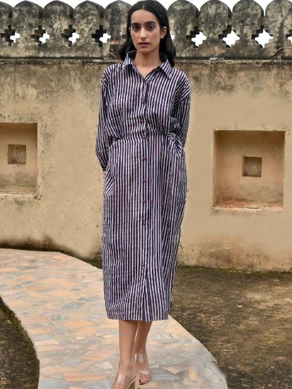 Blue Silk Sunday Brunch Striped Shirt Dress