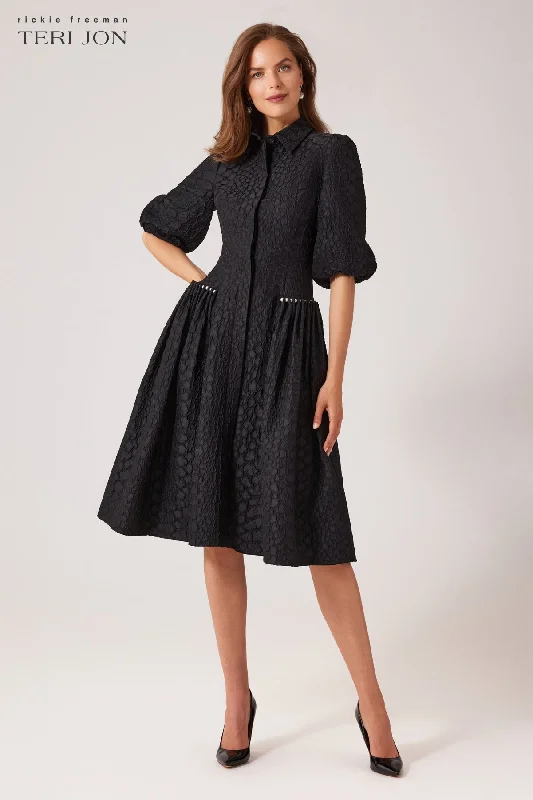 Tonal Jacquard Pearl Trim Puff Sleeve Shirt Dress